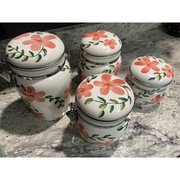 Canisters With Latched Lids Hand Painted Fruit Pattern Set of 4 Ceramic VTG - Picture 2 of 8